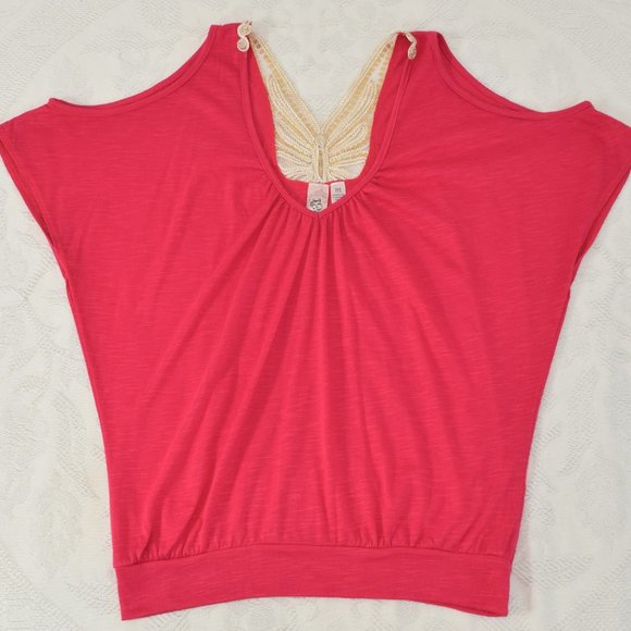 Y2k L8ter Butterfly Cold Shoulder V-Neck Top Blouse Fuchsia Pink Gold Sequin M - Picture 4 of 11